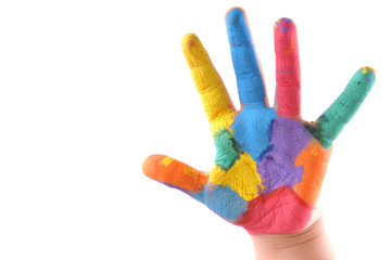 Colorful hand of a kid with 5 fingers up also stop sign