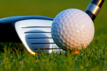 Close up of golf ball and club on golf course