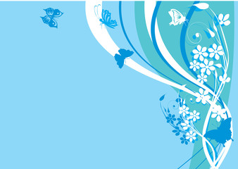blue and white floral illustration with butterflies