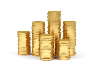 Stacks of gold coins on a white background.