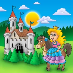 Photo sur Plexiglas Chateau Princesse à cheval avec vieux château