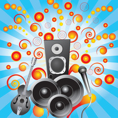 Abstract background with speakers, a guitar and a microphone.