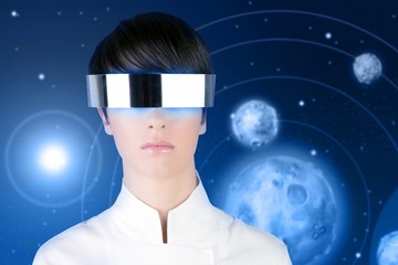 silver futuristic glasses woman space planets