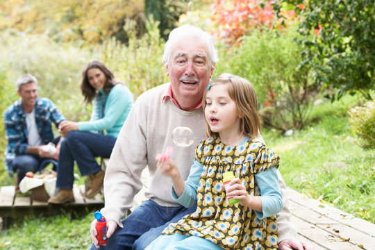 Grandfather And Granddaughter Blowing Bubbles On Family Picnic
