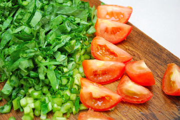 Cut vegetables and tomatoes