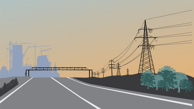 electric line and building at sunset