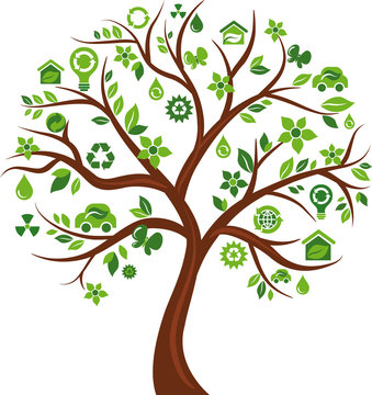 Green tree with many ecological icons and logos