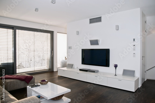 Modernes wohnzimmer mit küche: stock foto groà houseplant neben ...