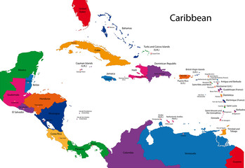 Colorful Caribbean map with countries and capital cities
