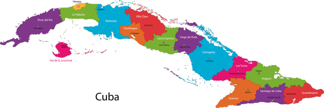 Colorful Cuba map with provinces and capital cities