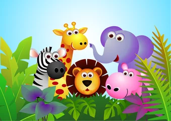 Stickers pour porte Zoo Dessin animé animal mignon dans la jungle