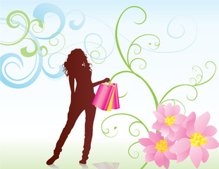 woman with shopping bags and pink flowers