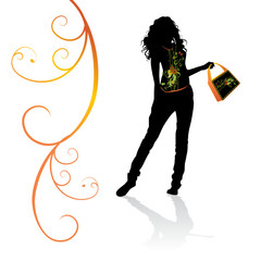 girl in ornate t-shirt with ornate bag