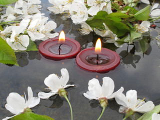 Obraz na płótnie Canvas Kerzen, Wasser, Kirschblüten