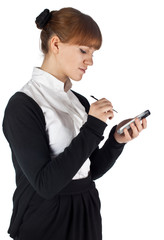 Female using mobile organiser isolated on white background