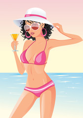 beautiful sexy tanned  woman in hat and bikini on sea beach