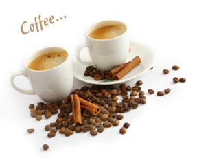 Coffee cup and grain on white background