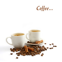 Coffee cup and grain on white background
