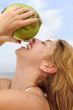 Thirsty Woman Drinking Coconut Water, Close-up