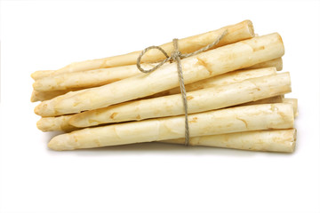 Asparagus bunched on white