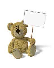Nhi Bear sitting holding a sign