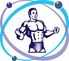 Stylized muscular man inside an atom