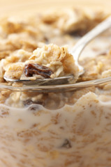 Muesli with milk close-up