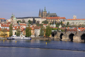 Spring Prague's gothic Castle with the Charles Bridge