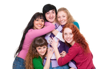 lively picture of one man and four girls