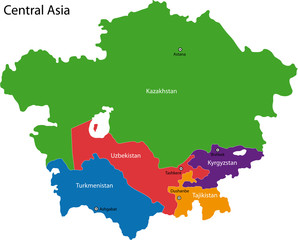 Colorful Central Asia map with countries and capital cities - obrazy, fototapety, plakaty