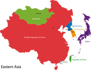 Colorful Eastern Asia map with countries and capital cities