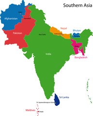 Colorful Southern Asia map with countries and capital cities