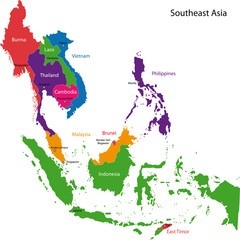 Colorful Southeastern Asia map with countries and capital cities