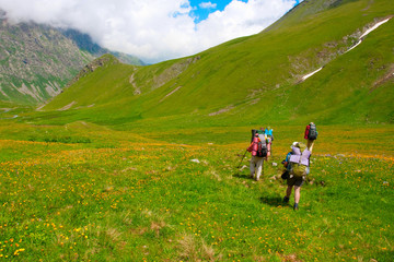 Fototapeta na wymiar Hiker in Caucasus mountains