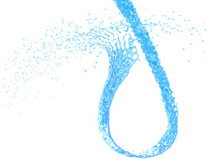 stream of blue water with splashes in shape of a drop over white