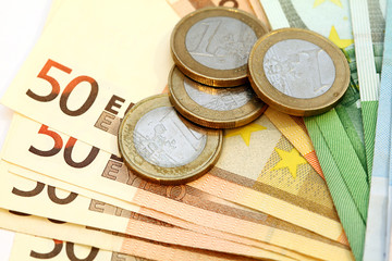 Different european coins and notes