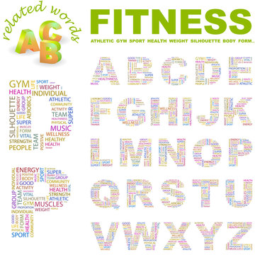FITNESS. Wordcloud alphabet with different association terms.