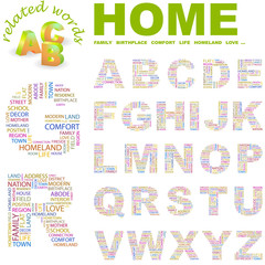 HOME. Alphabet with different association terms.