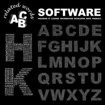 SOFTWARE. Alphabet with different association terms.