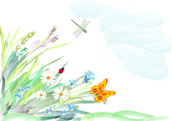 Flowers in a grass and insects, a water color