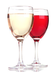 Rose and white wine in a wine glasses isolated on white backgrou