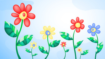Vector illustration of several flowers on the background of sky