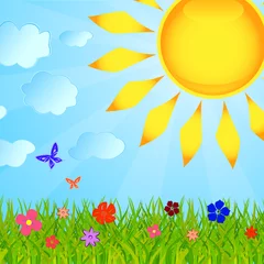 Foto op Plexiglas Zomer achtergrond met de zon en een gras © Inna