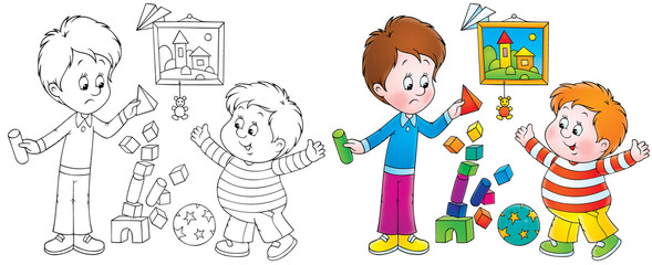 Playing boys (black-and-white and color illustrations)