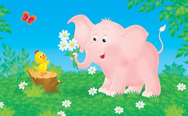 Roze olifant en klein kuikentje