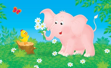 Poster Zoo Roze olifant en klein kuikentje