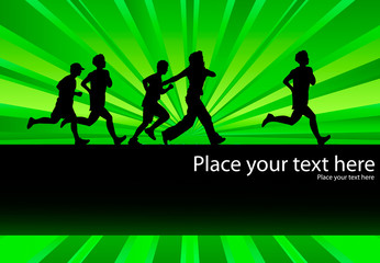 Fototapeta na wymiar People running vector background with green burst and copy space