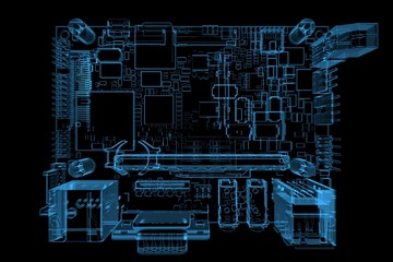 Computer motherboard 3D rendered xray blue transparent