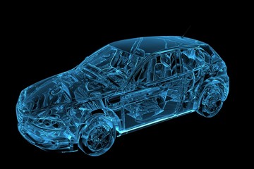 Car 3D rendered xray blue transparent