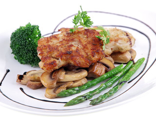fried fish with vegetables isolated on white background